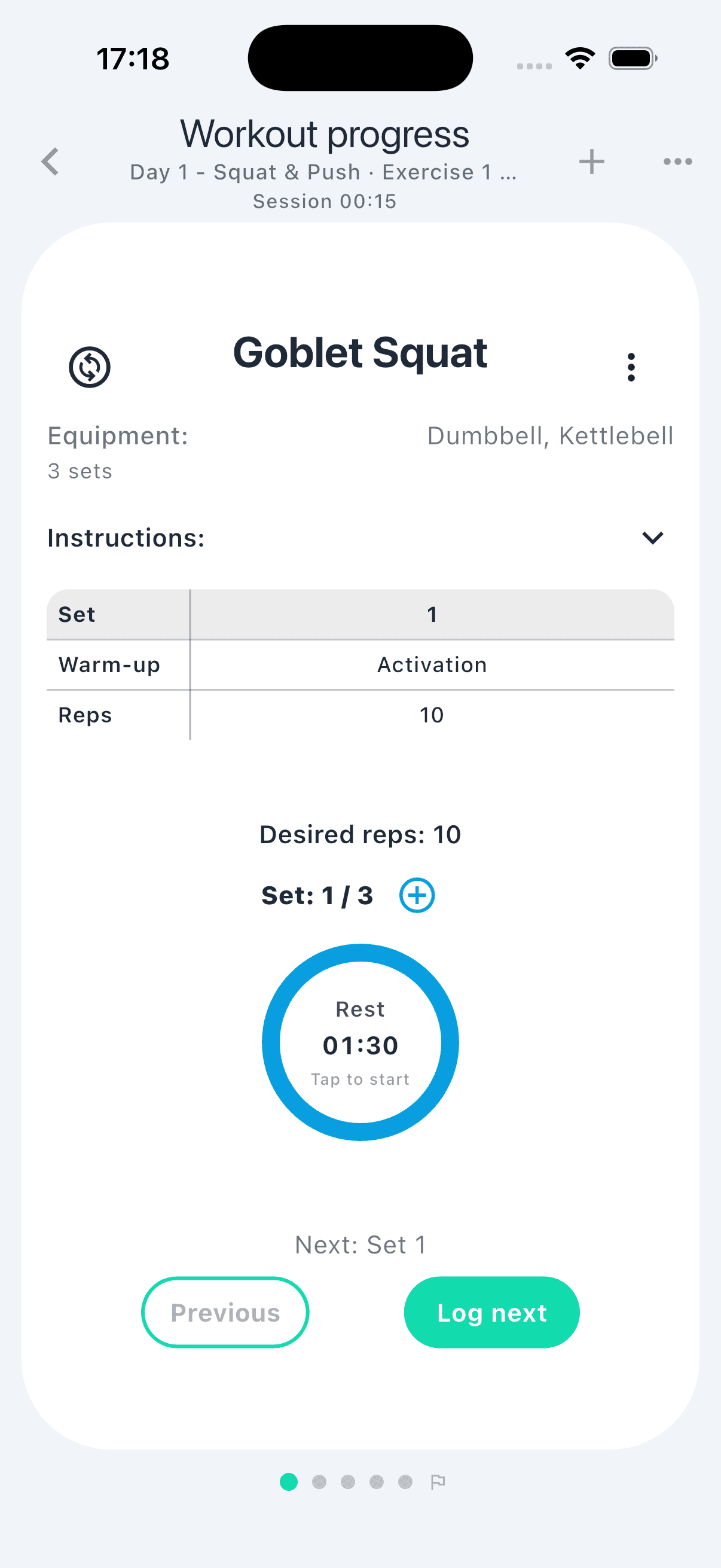 Workout Waves active workout screen showing a Goblet Squat, set details, rest timer, and workout navigation