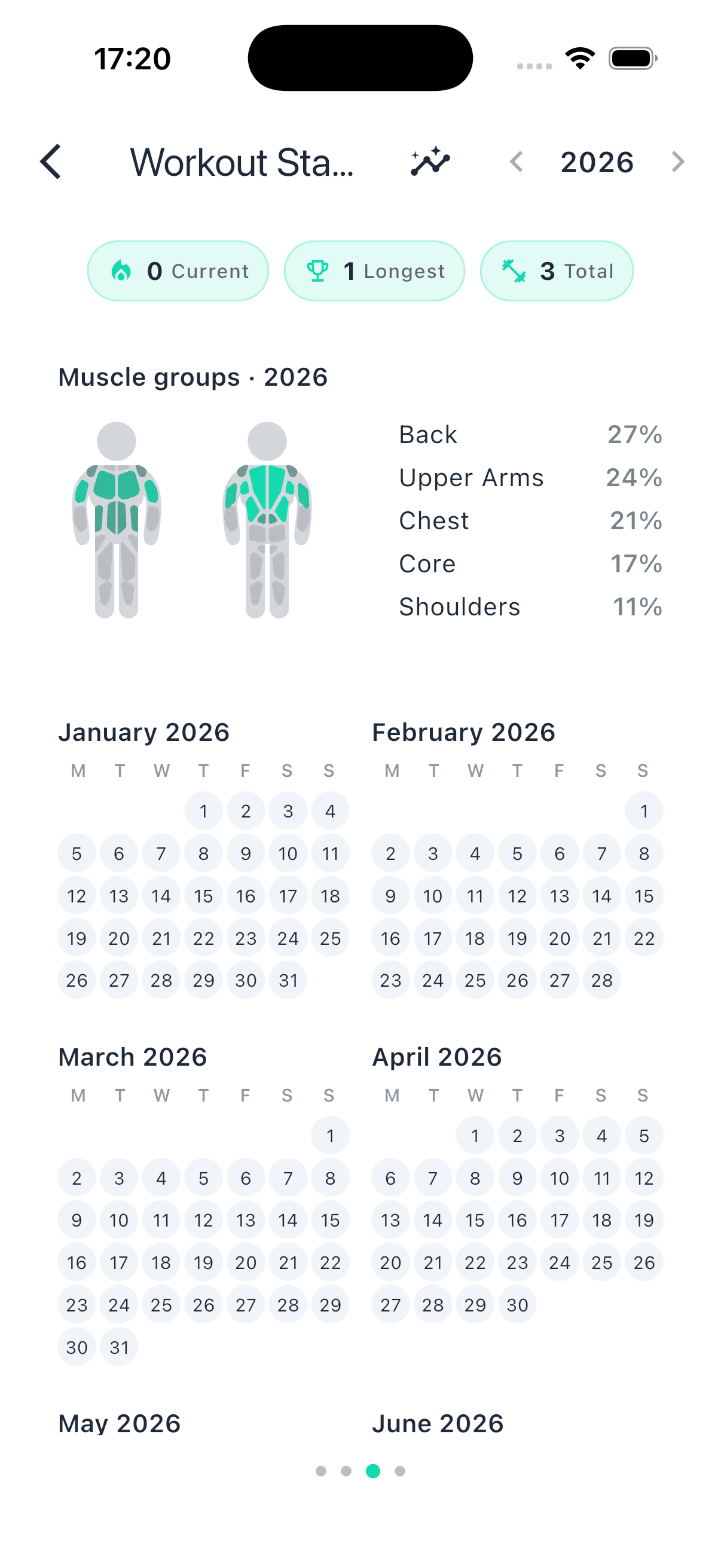 Workout Waves workout statistics screen with streaks, muscle distribution, and training calendar