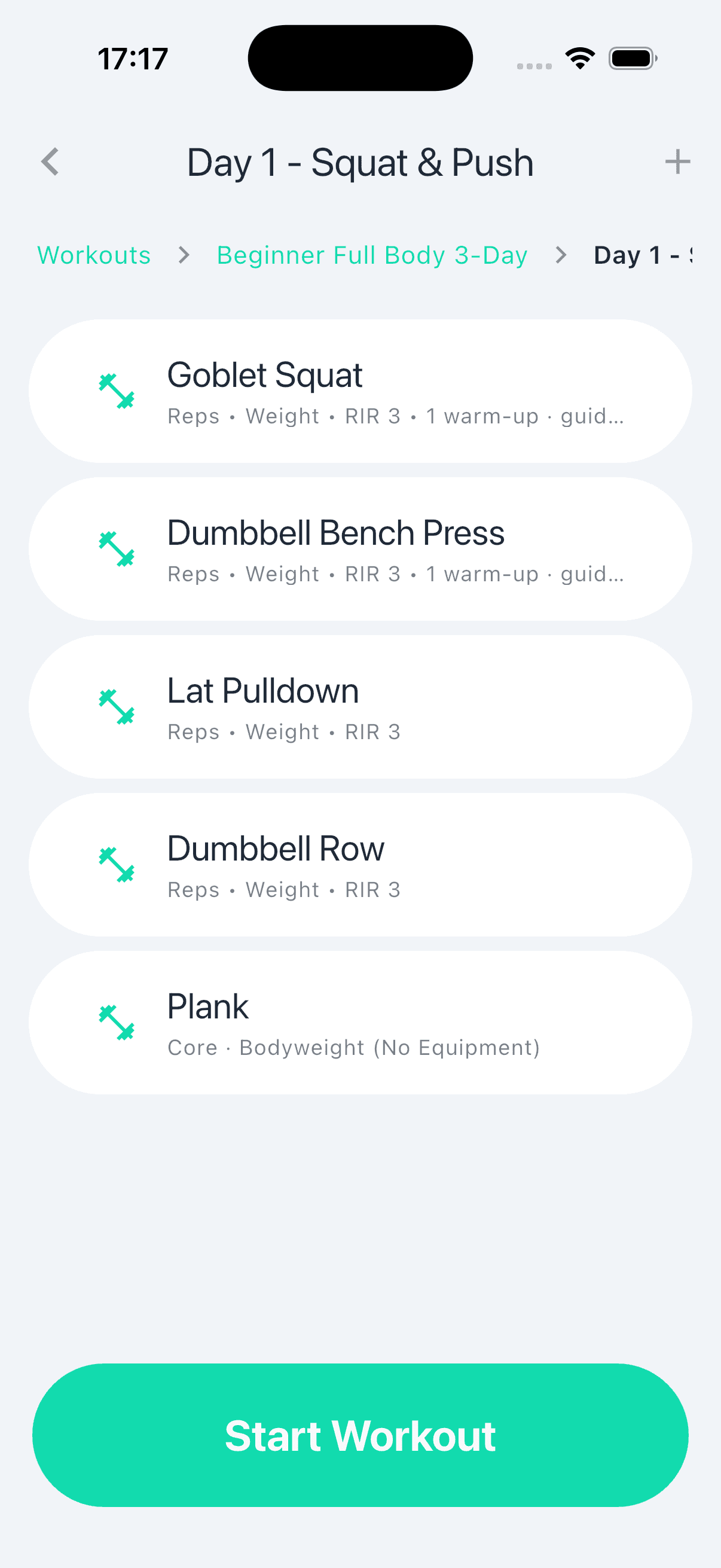 Workout Waves Day 1 workout plan with five exercises and a Start Workout button
